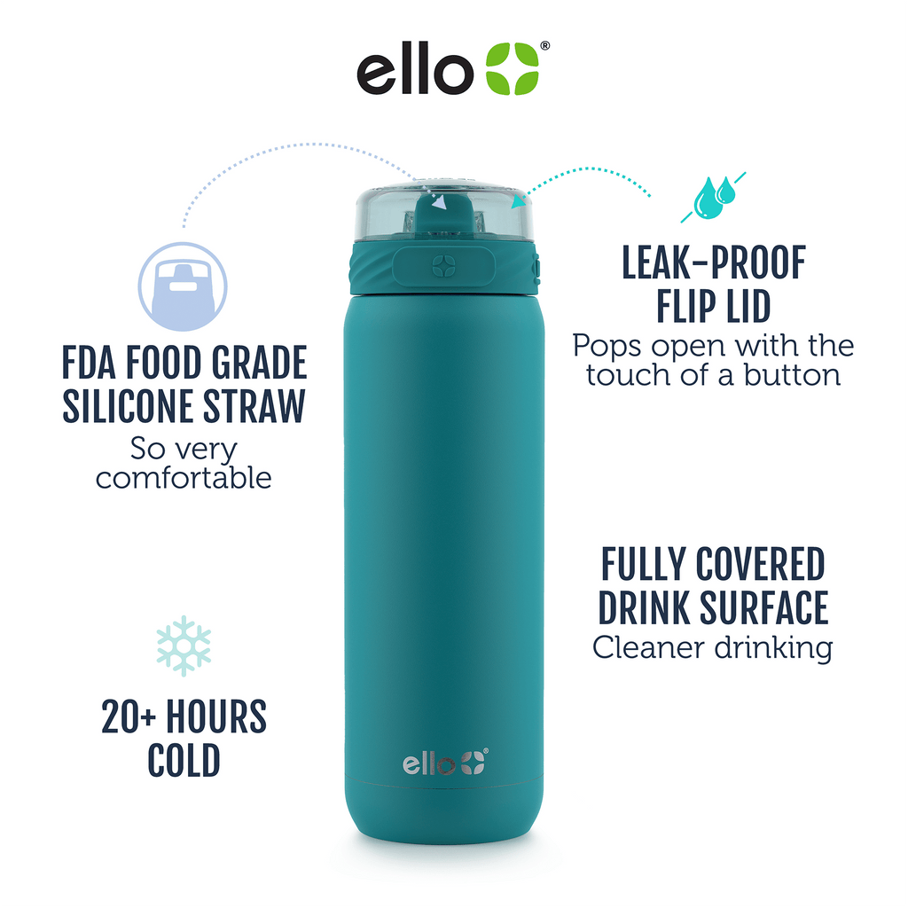 Ello Cooper Vacuum Insulated Stainless Steel Water Bottle with Soft Straw and Carry Loop Double Walled Leak Proof Coral 22oz