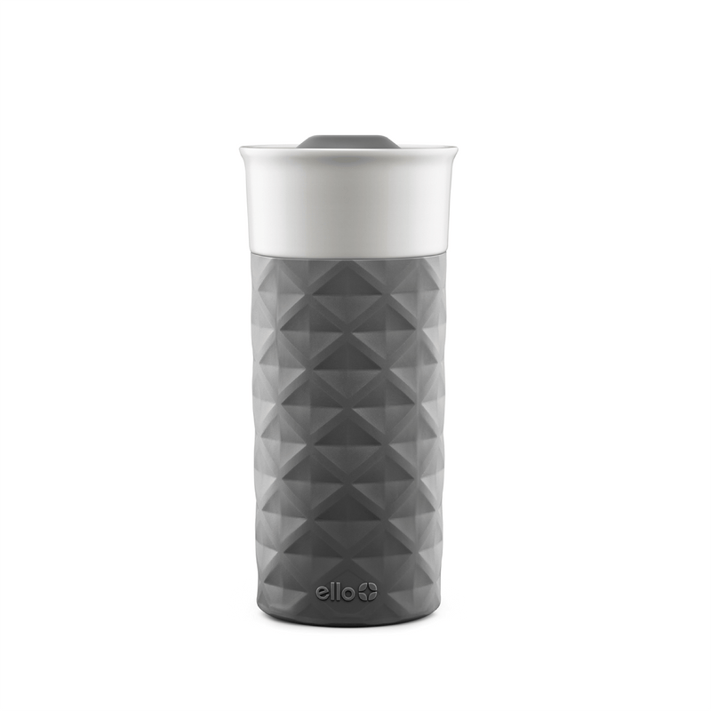 Set Of 2 ELLO white rippled 18oz ceramic coffee travel mug handle