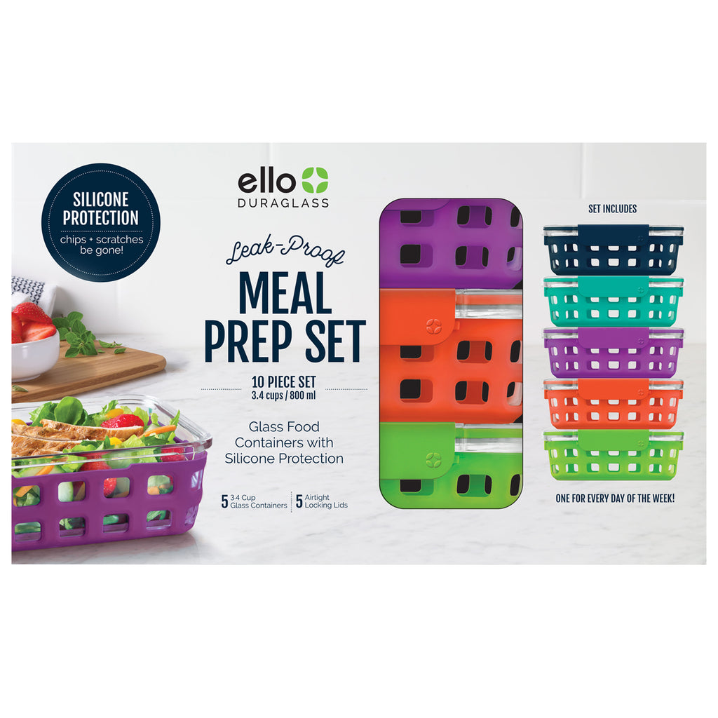 Ello Duraglass 5 Glass Food Storage Meal Prep Containers silicone color  coded