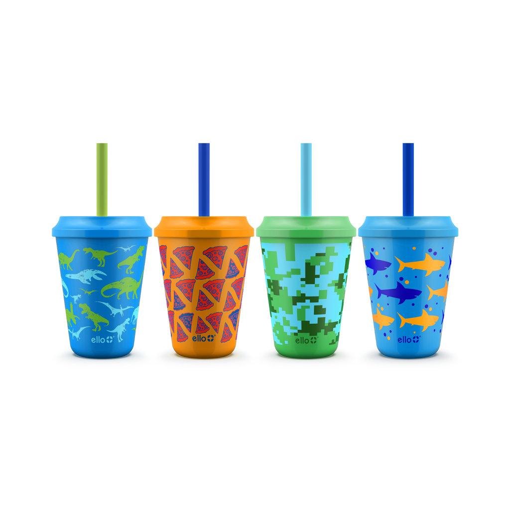 Plastic Kids Cups with Lids and Straws - 10 Pack 12 oz Reusable