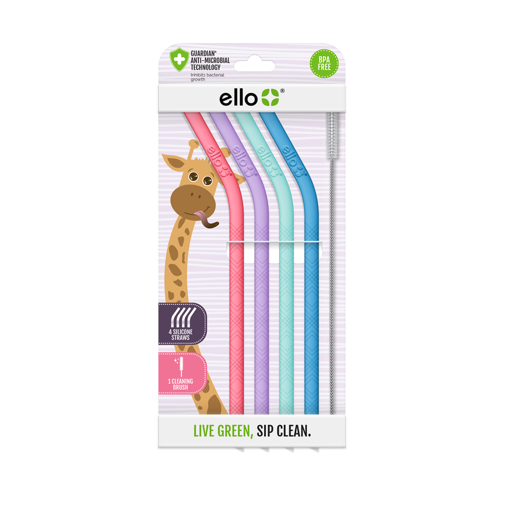 Ello Pack of 6 Stainless Reusable Straws Silicone Tip and Cleaning Brush  New