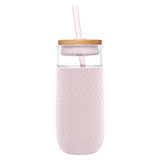 Ello Devon Glass Tumbler , Protective No Sweat Silicone Sleeve and Splash  Proof Wooden Detail Lid with Straw, 18 oz
