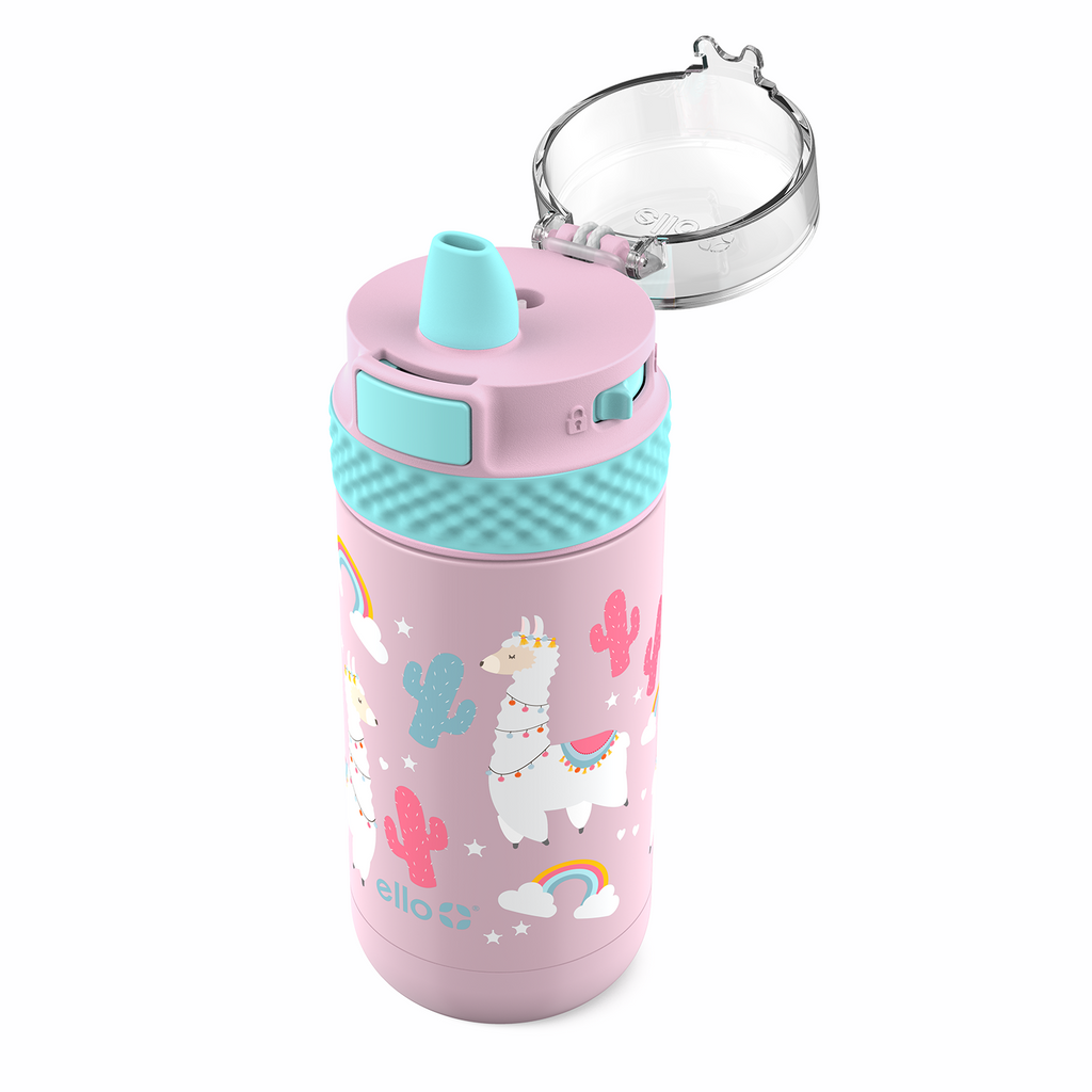 Ello Kids Colby 12oz Stainless Steel Insulated Water Bottle with Straw and  Built-In Silicone Coaster Carrying Handle and Leak-Proof Locking Lid for