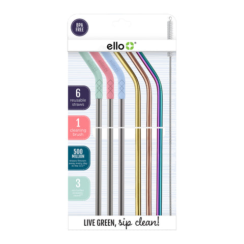 Ello Silicone Tip Stainless Steel Reusable Straws, 26-piece Set